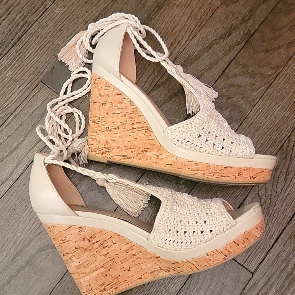 MODA SPANA cork wedge heel strappy embroidery‎ Sz 9.5